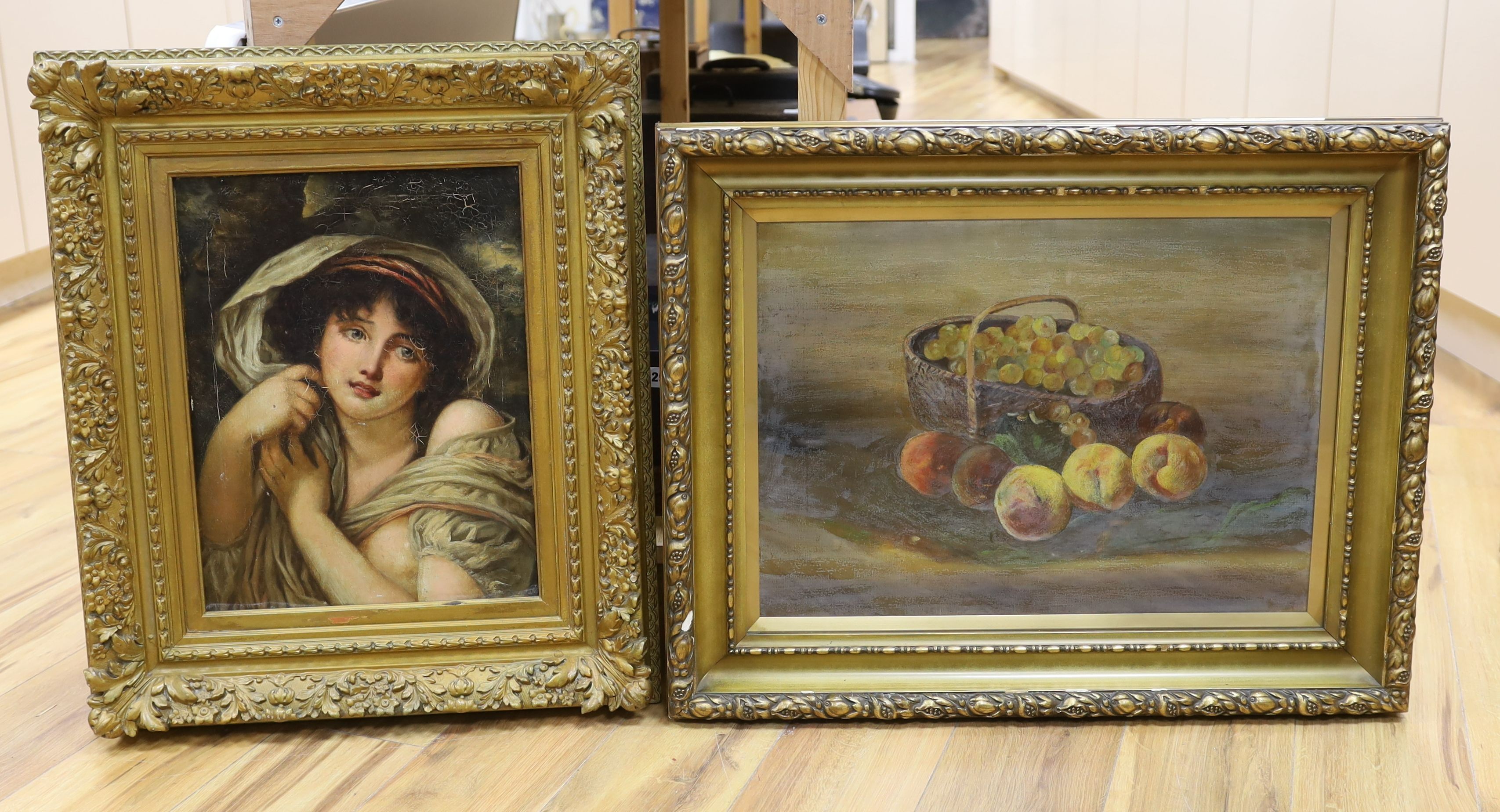 After Jean Baptiste Greuze (1725-1805), oil on canvas, Portrait of a young woman, 43 x 33cm and an oil still life of fruit, 40 x 55cm